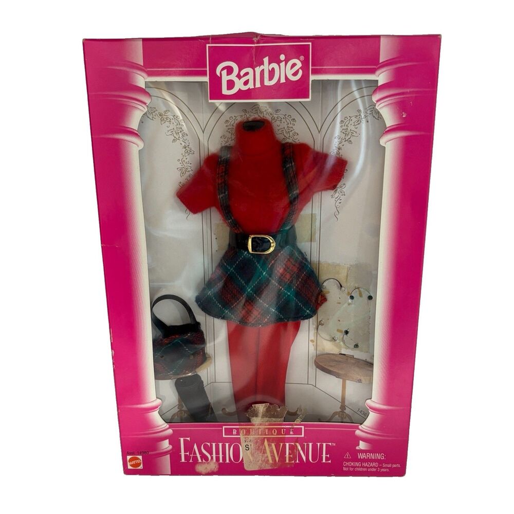 Vintage Barbie Fashion Avenue Doll Clothes Outfit 14980 Red Plaid Skirt Sweater